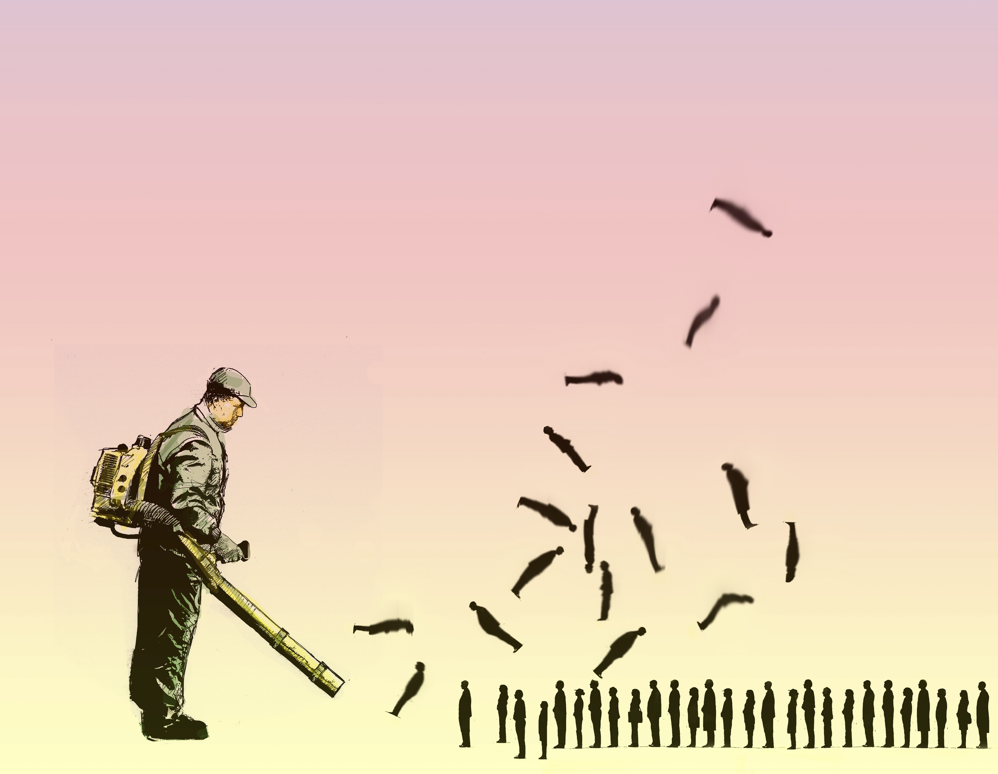 An image of a man with a leaf blower blowing tiny people into the air.